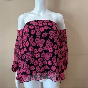 Milly Black Hot Pink Floral Off Shoulder Blouse Chiffon Top Ruffle Women’s 4